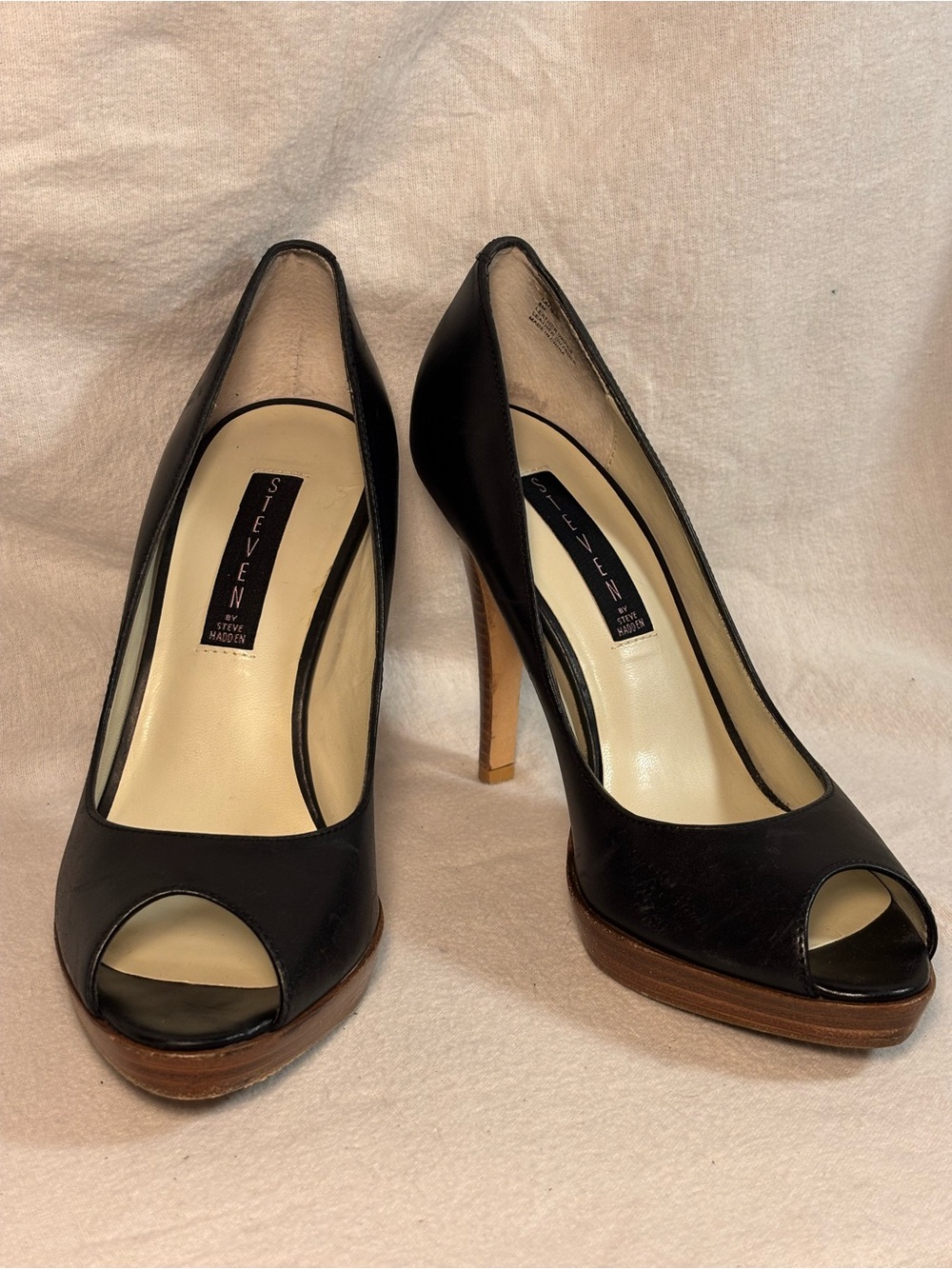 Steven by Steve Madden Black Peep-Toe Stiletto Heels with Wood Platform